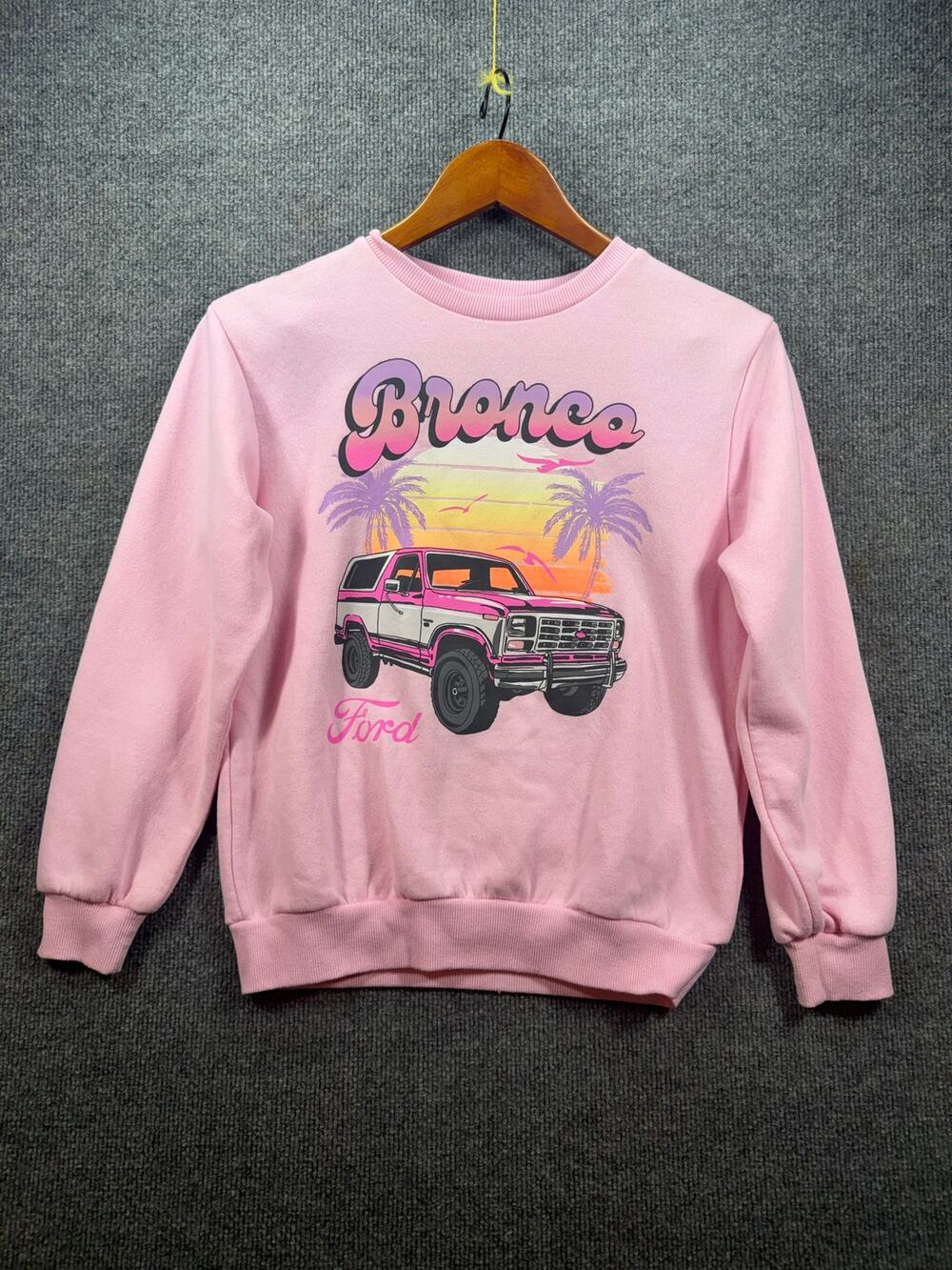 Ford Bronco Built Wild Graphic Sweatshirt Light Pink Retro Sunset Girls Youth L
